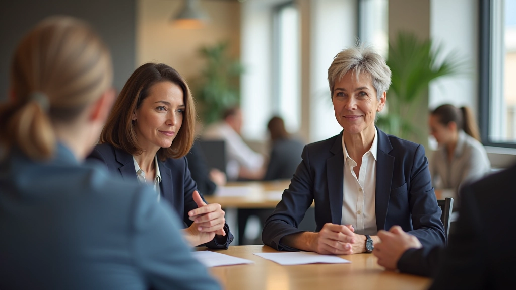 Two professionals in conversation at a workshop setting, engaged discussion