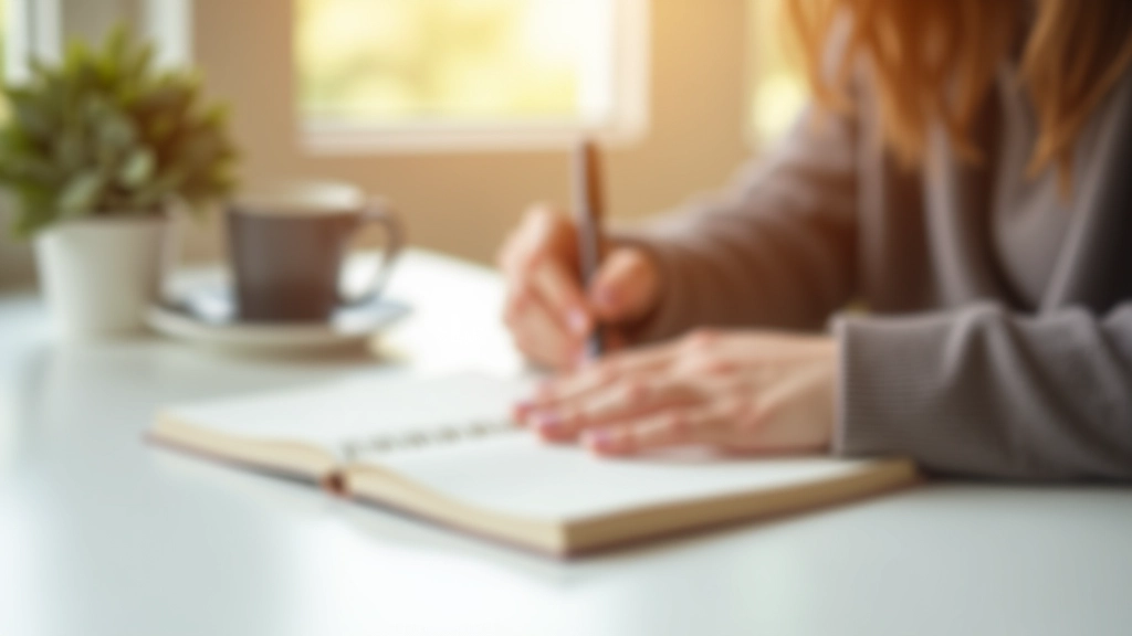 Close-up of hands writing in journal with warm coffee cup nearby on white table, morning sunlight, peaceful creative workspace