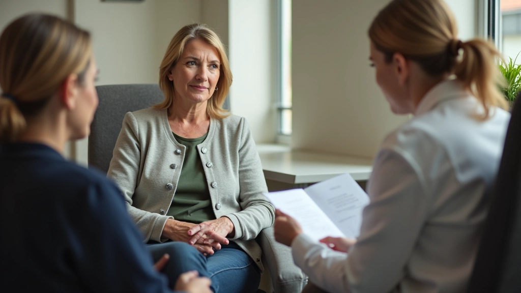 Healthcare professional discussing medical information with a middle-aged patient in a clean clinic office, comfortable seating, natural lighting