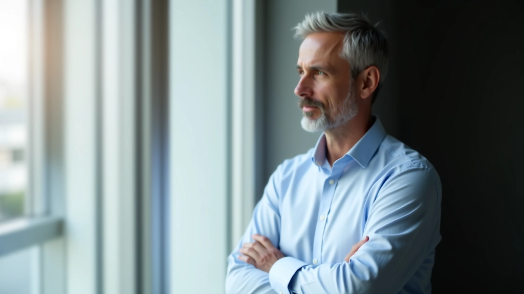 Man aged 48 looking thoughtfully out window in office setting, contemplative pose, natural afternoon light streaming through windows