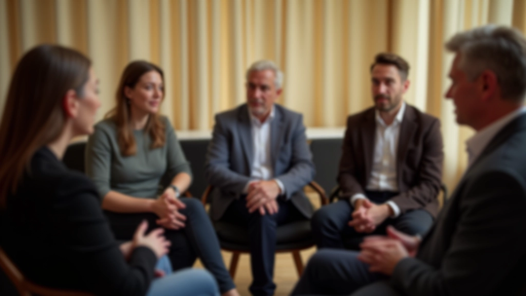 Adults participating in a communication workshop, sitting in circle formation, engaged conversation, warm indoor lighting