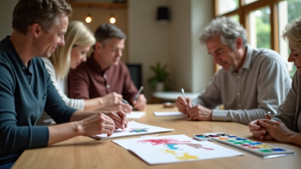 Creative workshop in progress with adults working on art project, hands engaged in painting or crafting, colorful materials on table, focused concentration
