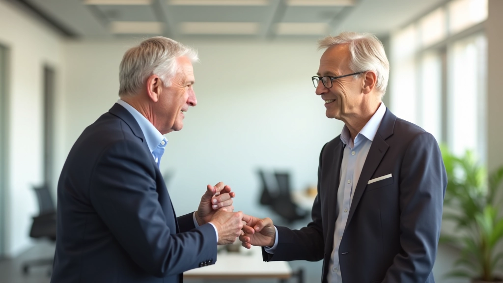 Two colleagues aged 45 and 52 in professional attire having a conversation at modern office space, mentoring moment captured