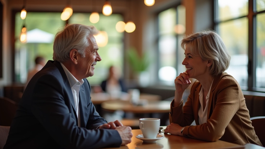 Two people in conversation at a coffee table, one gesturing while speaking, modern bright café setting, natural warm lighting