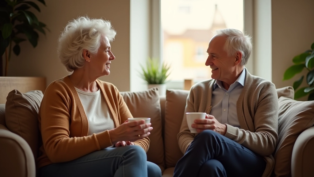 Two middle-aged adults having coffee together in a comfortable home setting, natural light from windows, warm intimate conversation