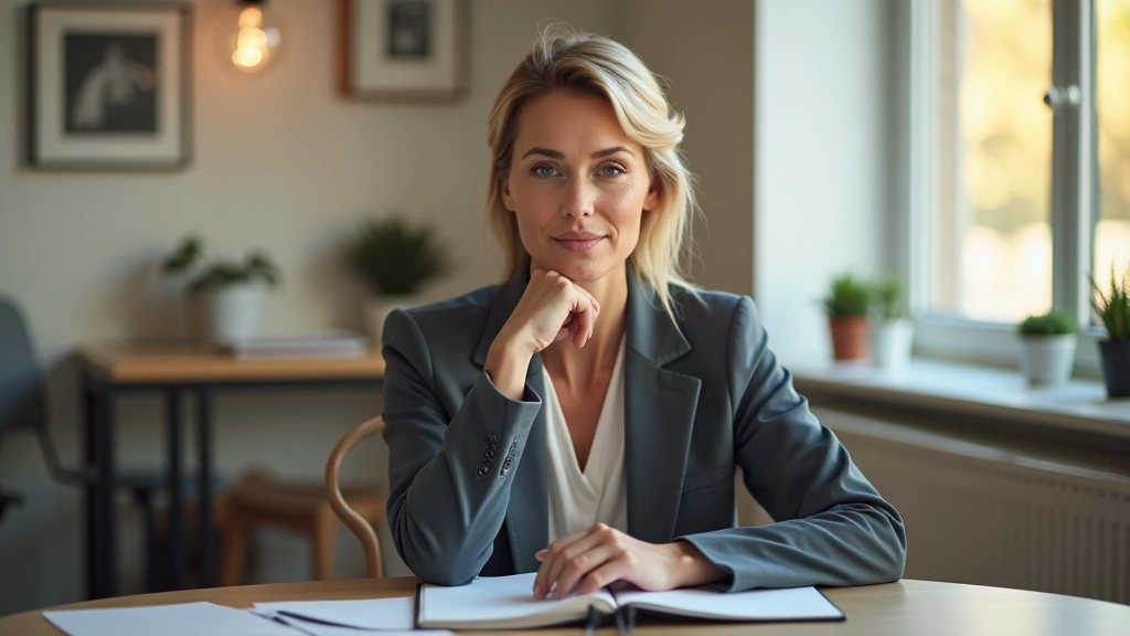 Woman in her late forties sitting at a wooden desk with a notebook, thoughtful expression, warm office lighting, window light